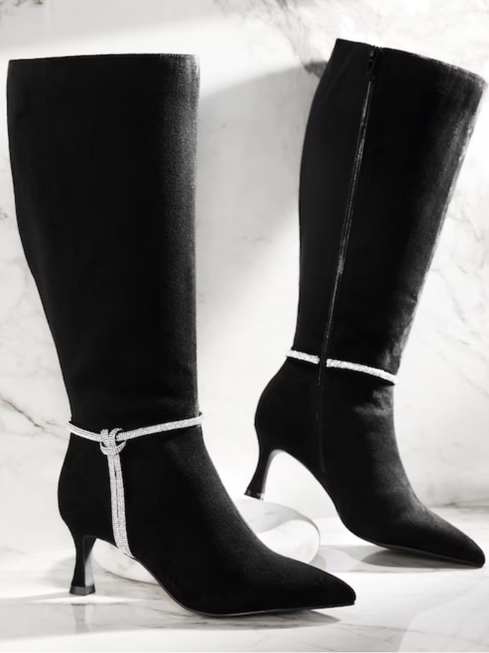 NWOT Midnight Velvet Black Rhinestone-Ankle Pointed Toe Tall Boots, EU 39